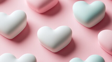 Obraz premium Pastel pink background with multiple heart shaped sweets in shades of white, pink, and light blue. Close up shot showing textured surface of the