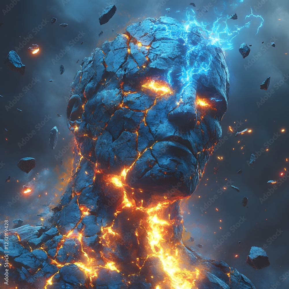 Poster captivating digital artwork featuring a colossal deity statue middisintegration with glowing cracks 