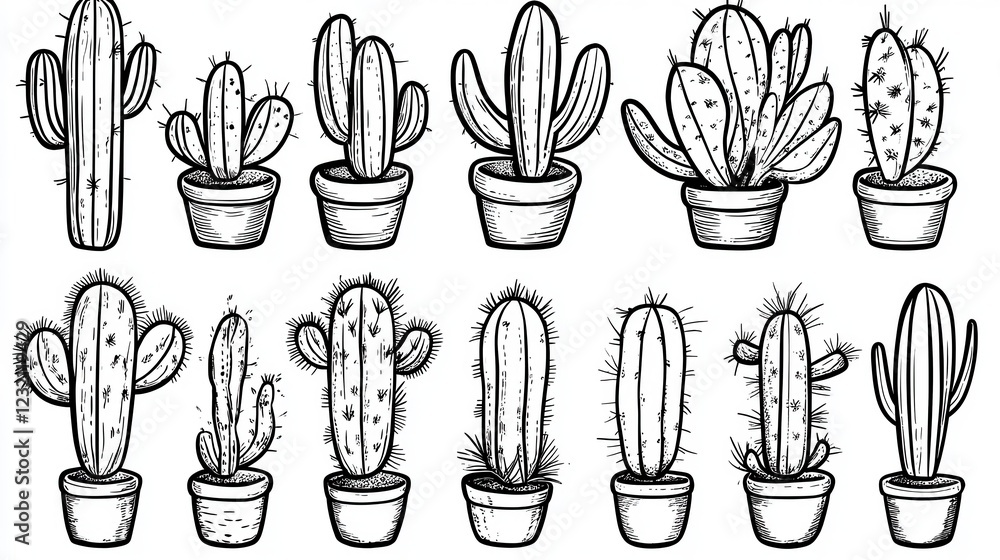 Poster collection of various cacti in pots, depicted in a minimalist, pixelated style. the image features d