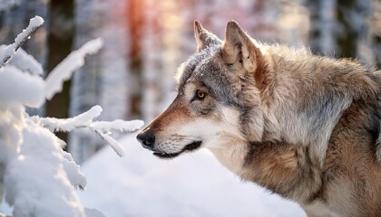 Fototapeta premium Wolf looking away in snowy forest at sunset