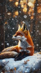 Red fox relaxing in snowy forest during snowfall at sunset