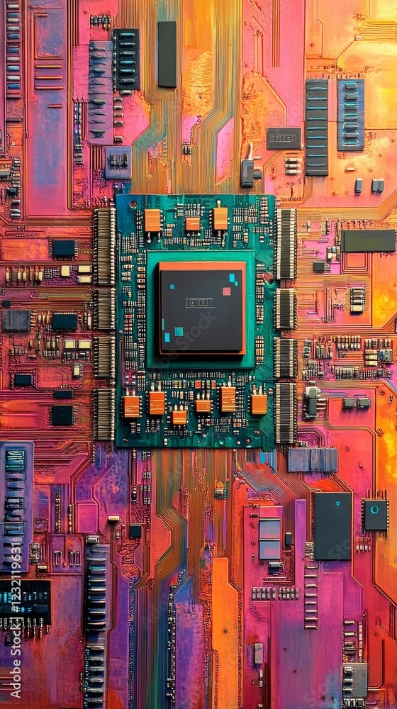 Poster colorful computer motherboard showing central processing unit and electronic components