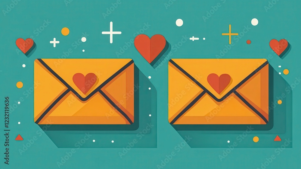 Poster two pixel art envelopes with small hearts on a teal background. flat design style with subtle shadow