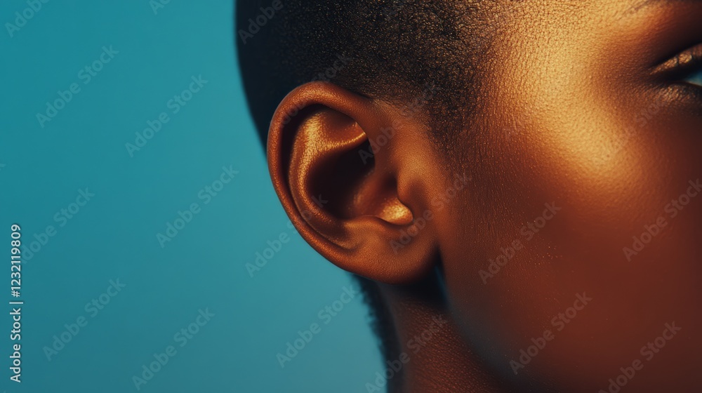 Poster warm light illuminating the side of a face, accentuating the delicate ear structure against a vibran