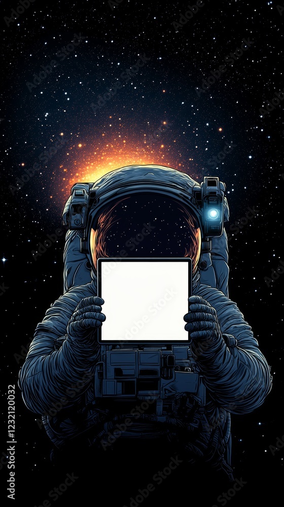 Poster astronaut showing blank tablet screen in outer space