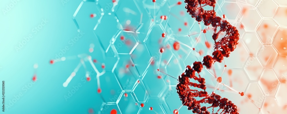 Poster red dna helix on blue background with hexagonal overlay