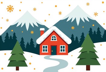 Naklejka premium フラットな冬の家の風景：山の設定、松の木、雪の結晶、シンプルなベクター、白い背景、カラフルなデザイン、可愛い漫画スタイル、レイヤークリップアート、クリーンな線、ベクターグラフィック。 