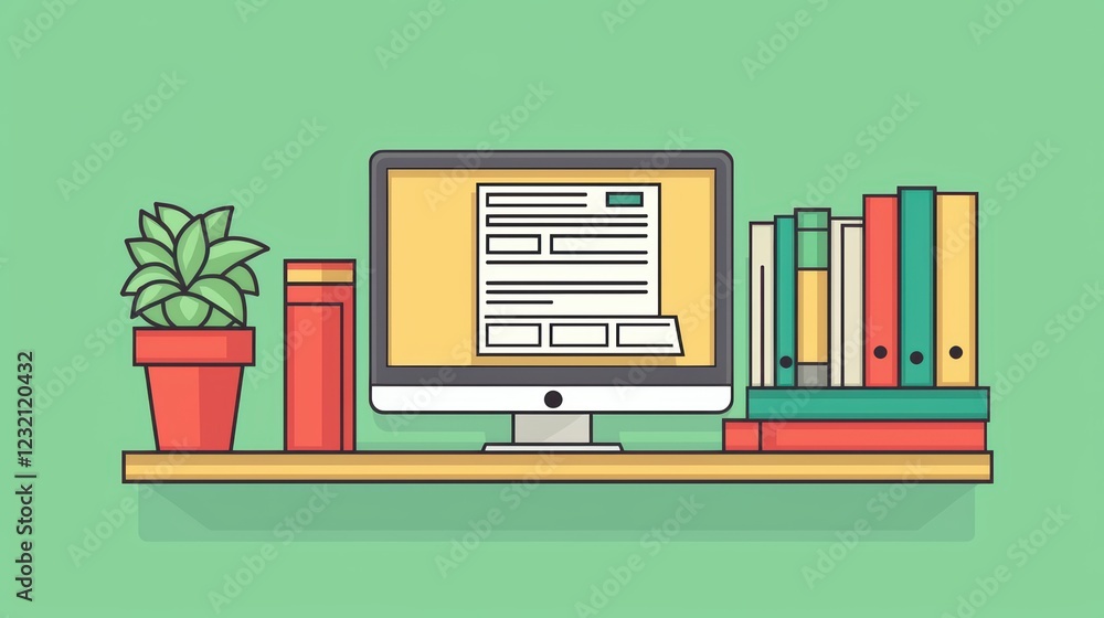 Poster computer on desk with books and plant on shelf in minimalist workspace