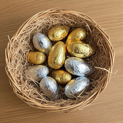 Obraz premium A Easter basket with chocolate eggs wrapped in silver and gold foil