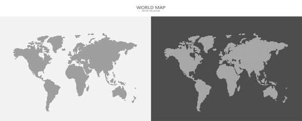 A set of point maps of the world in a modern style. A world map made up of dots on a dark and light background. Vector graphics EPS 10.