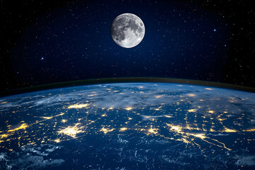 Obraz premium Earth at night, full moon, city lights, space view, background