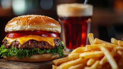 Juicy Cheeseburger with Crispy Fries and a Dark Beverage