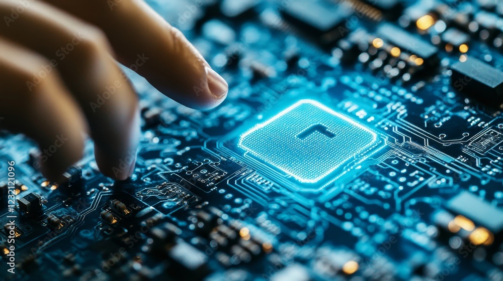 Poster digital security illuminated circuit board with touching finger, futuristic technology