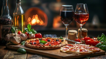 Italian Pizza Night: A Rustic Feast of Pepperoni and Olives with Wine