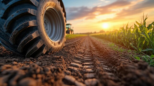 Tractor tires roll on dirt path in front of green field,modern technology for agricultural concept