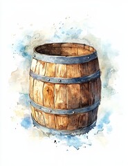 Obraz premium Empty wooden barrel with metal bands, watercolor painting.