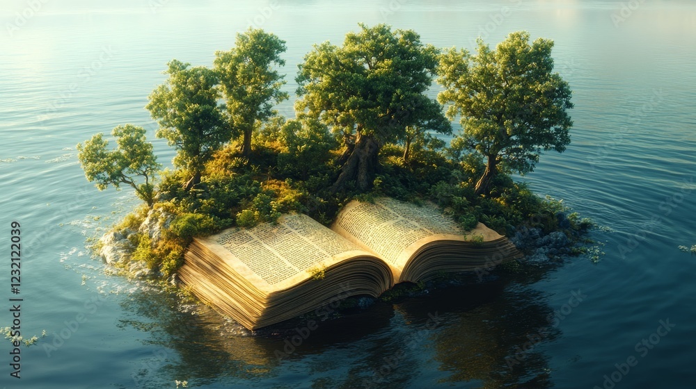 Poster open book floating on water with trees growing on it