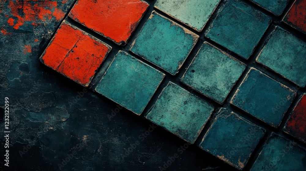 Poster close up view of square tiles in red and teal hues, arranged in a diagonal pattern on a dark, textur