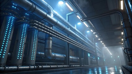 Futuristic Industrial Hallway with Pipes and Neon Lighting Effects