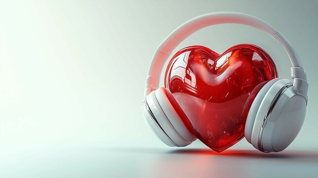 3D heart with headphones,white background,love,music and Valentine's Day concept,copy space.
