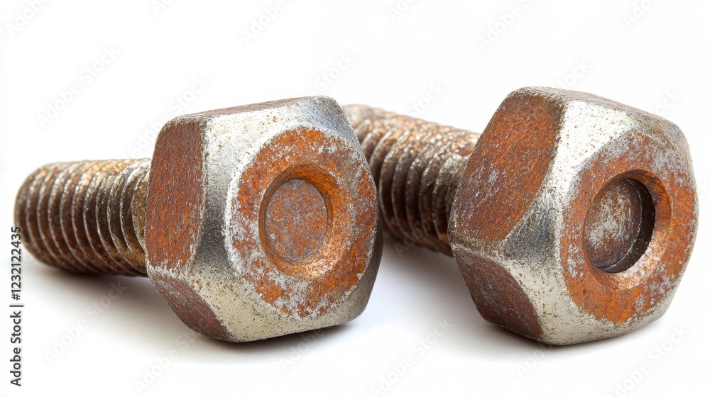 Aufkleber two rusty bolts on a white background. close up view showing texture and detail of corrosion. image 