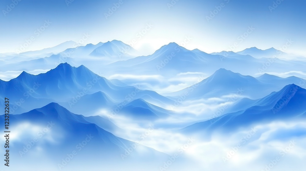 Poster blue mountains ascend above a sea of clouds under a bright sky, creating a serene and ethereal lands
