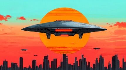 Naklejka premium Futuristic Flying Saucer Over Cityscape at Sunset with Vibrant Colors