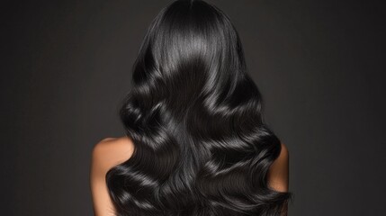 Model showing long shiny black wavy hair from behind