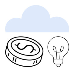 Cloud over coin and light bulb. Ideal for business, finance, savings, technology, innovation digital storage and creativity. Line metaphor. Line metaphor. Simple line icons
