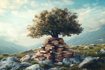 A Majestic Tree Rooted in a Tower of Books on a Mountaintop