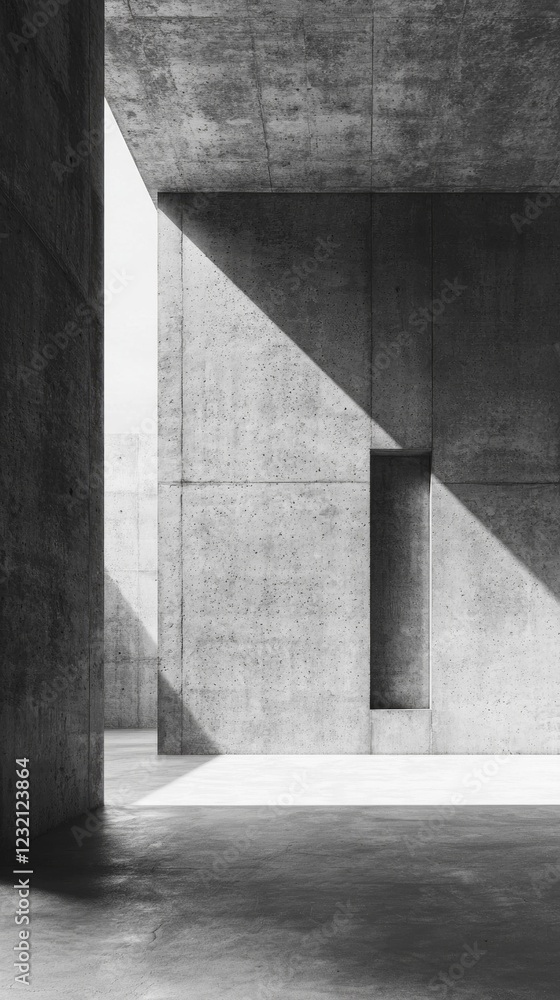 Poster Sunlight streams through a stark architectural setting, casting dynamic shadows on smooth concrete surfaces. The environment reflects a modern aesthetic that highlights minimalism and simplicity