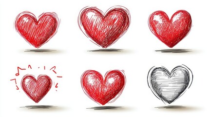 Six variations of a red heart illustration, showcasing different artistic styles and levels of detail. Styles range from textured to sketched, with