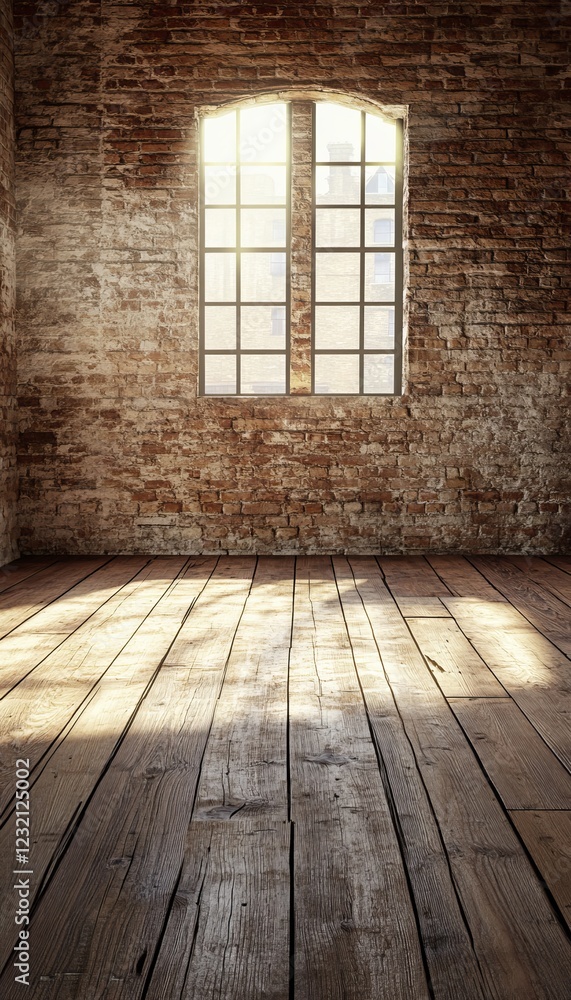 Poster rustic charm empty room with sunlight streaming through arched window, ideal for creative projects