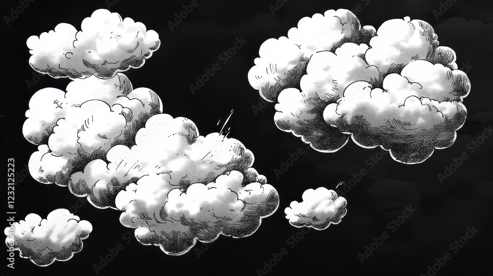 Poster stylized grayscale illustration of fluffy white clouds against a dark background. the clouds are dep