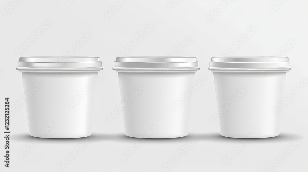 Poster plastic cup with open cap and yogurt inside. package for yoghurt and dairy products isolated vector 