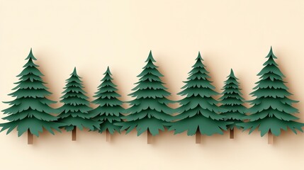 Obraz premium Row of stylized green evergreen trees on a beige background. Paper cut out style illustration with shadows. Simple, minimalist design