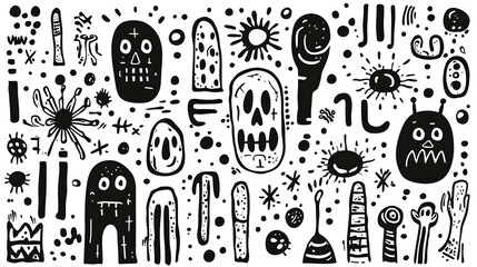 Abstract Black and White Illustration Featuring Playful and Quirky Characters, Shapes, and Patterns Suitable for Backgrounds in Various Creative Projects