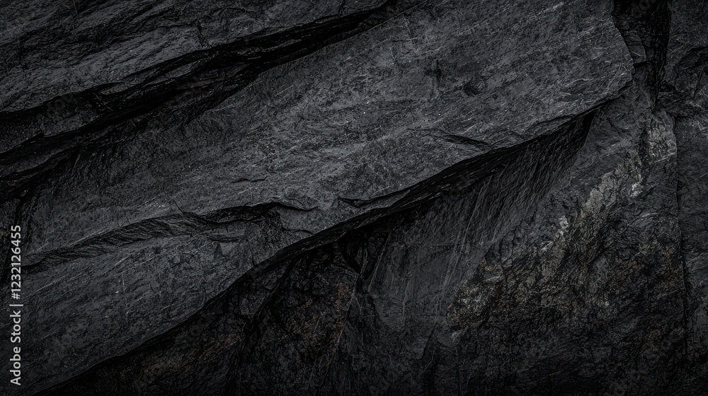 Poster dark gray rock surface with textured layers and sharp edges, creating dramatic and rugged appearance