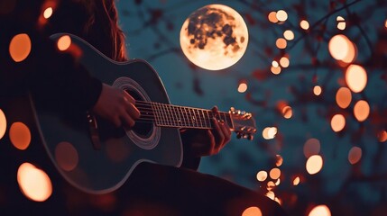 Naklejka premium A serene night scene with a guitarist under a full moon.