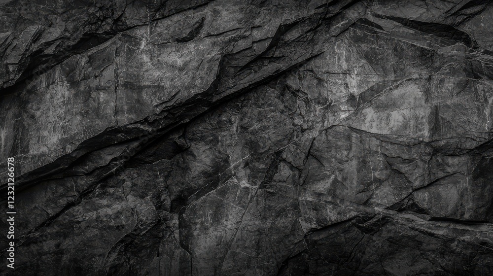 Poster dark gray rocky texture with sharp edges and deep crevices, creating dramatic and rugged appearance.
