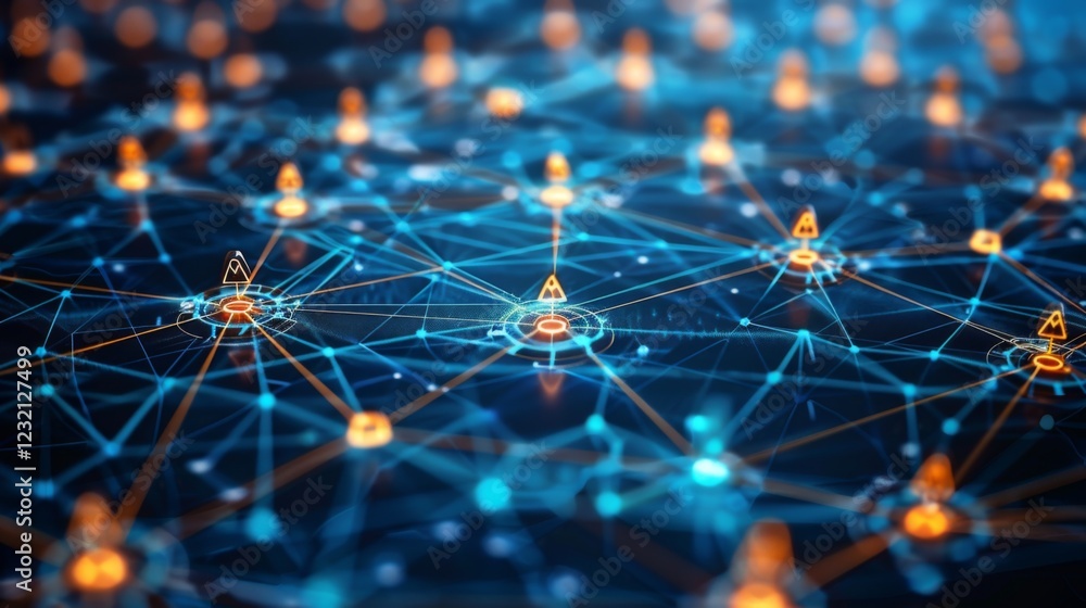 Poster A vibrant digital network displays various nodes connected by lines, illustrating the flow of information with bright indicators. This representation highlights communication dynamics.