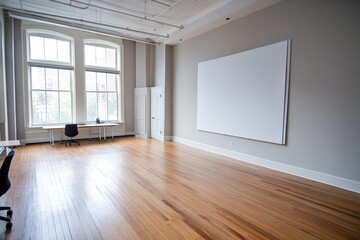 Spacious loft interior with hardwood floors, large windows, and blank canvas.