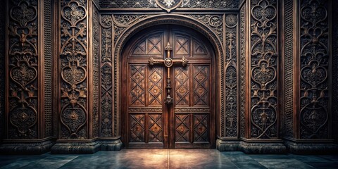 Obraz premium A cross-shaped door with intricate carvings and ornate details in a dark, mysterious room, ornament, cross, ornament