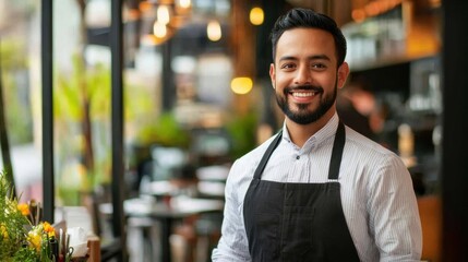 Fototapeta premium A welcoming waiter greeting customers, standing by the entrance of a trendy restaurant, ready to seat guests