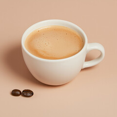 Fototapeta premium A modern white ceramic coffee cup with frothy cappuccino foam, placed on a light brown background