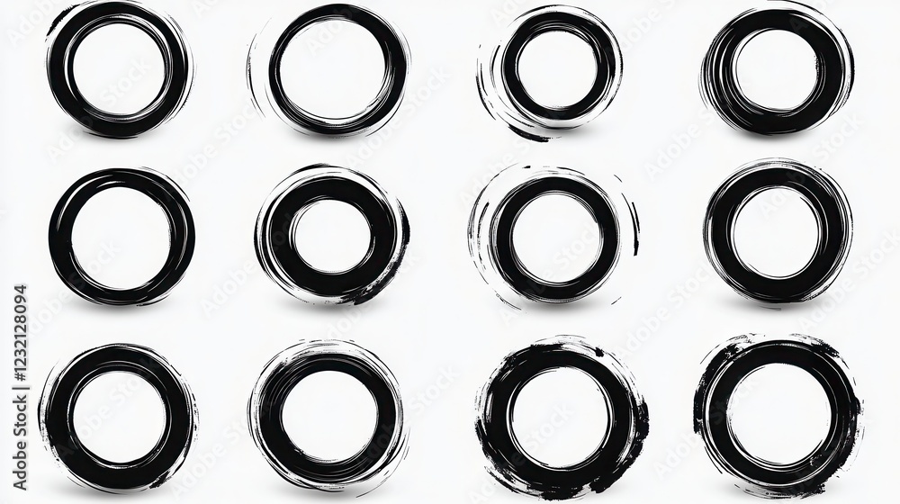 Poster twelve black circular brush strokes on a white background, each with varying textures and degrees of