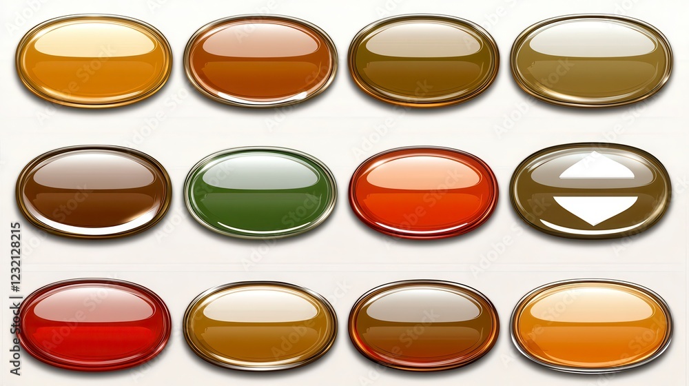 Poster collection of twelve glossy oval buttons in various shades of brown, red, and green. each button has
