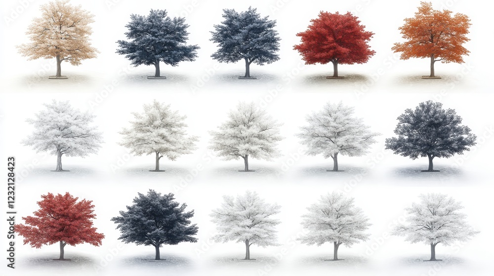 Poster collection of twelve stylized trees in various colors, rendered in a pixelated style against a white