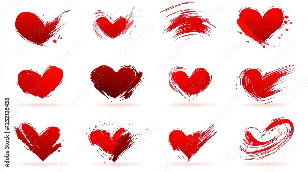 Poster collection of twelve red heart shapes with varying degrees of paint stroke texture on a white backgr
