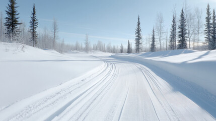 Fototapeta premium serene winter landscape featuring snow covered path winding through tranquil forest. scene captures beauty of nature with tall trees and clear blue sky
